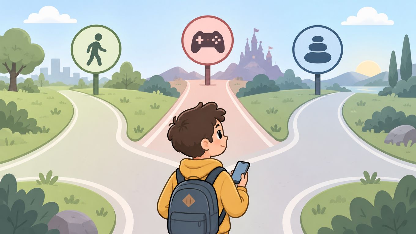 Seorang anak laki-laki membawa tas ransel sedang berdiri di persimpangan jalan memilih arah aktivitas kesehariannya.