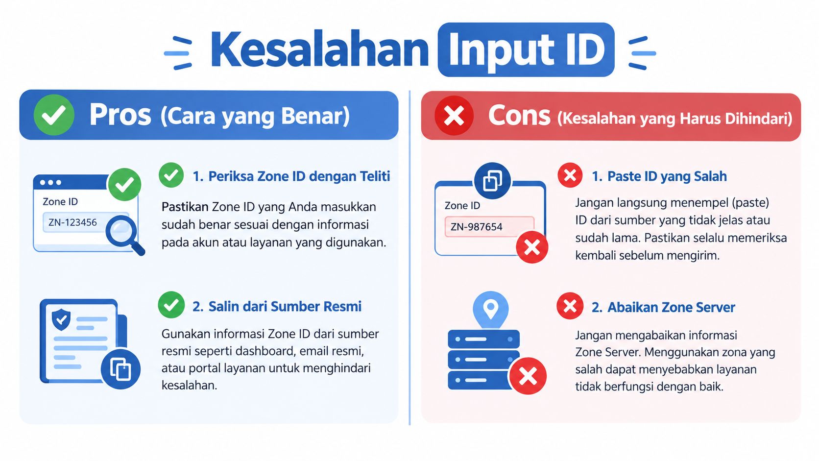 Infografis panduan cara yang benar dan salah dalam memasukkan Zone ID untuk menghindari kesalahan input.