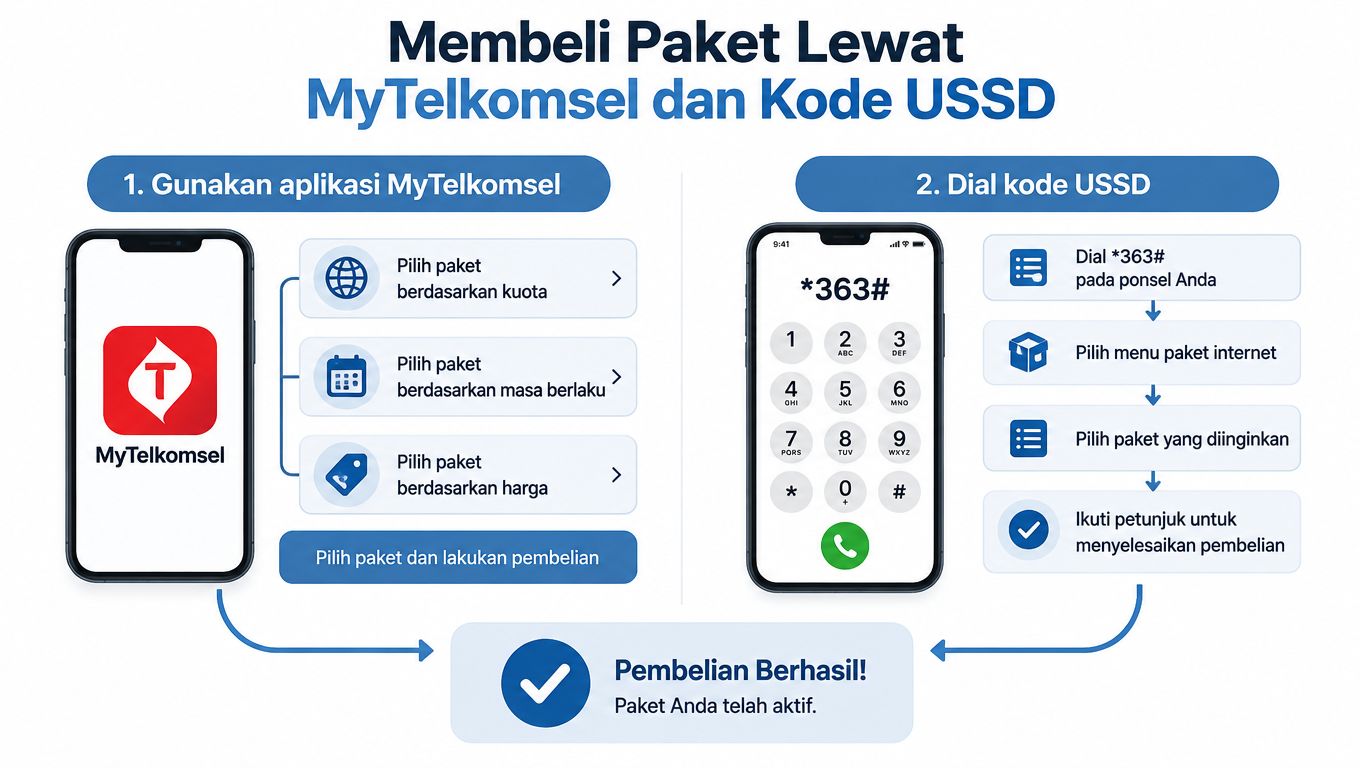 Panduan langkah demi langkah cara membeli paket internet Telkomsel melalui aplikasi MyTelkomsel atau kode dial USSD.