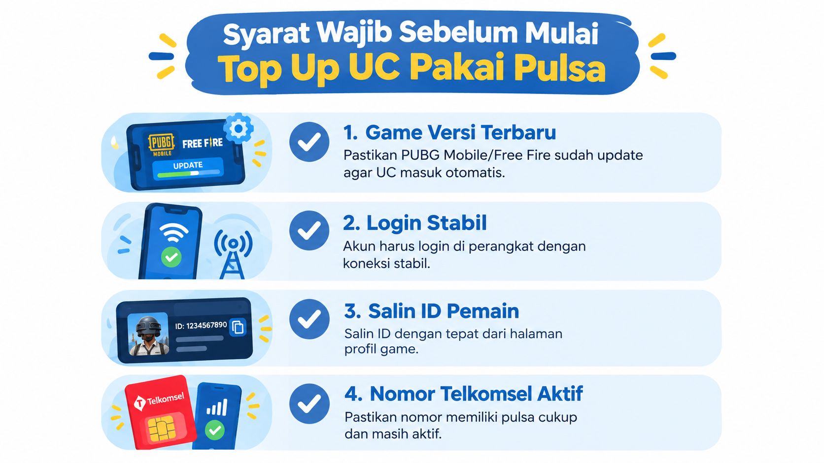 Panduan langkah-langkah wajib sebelum melakukan pengisian ulang UC game menggunakan pulsa Telkomsel agar transaksi berhasil.