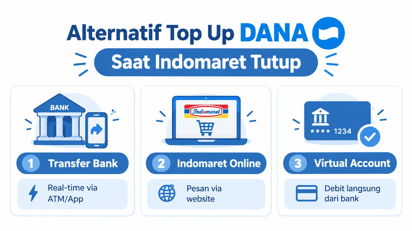 Tiga metode alternatif untuk mengisi saldo DANA saat gerai fisik Indomaret sedang tutup atau tidak beroperasi.