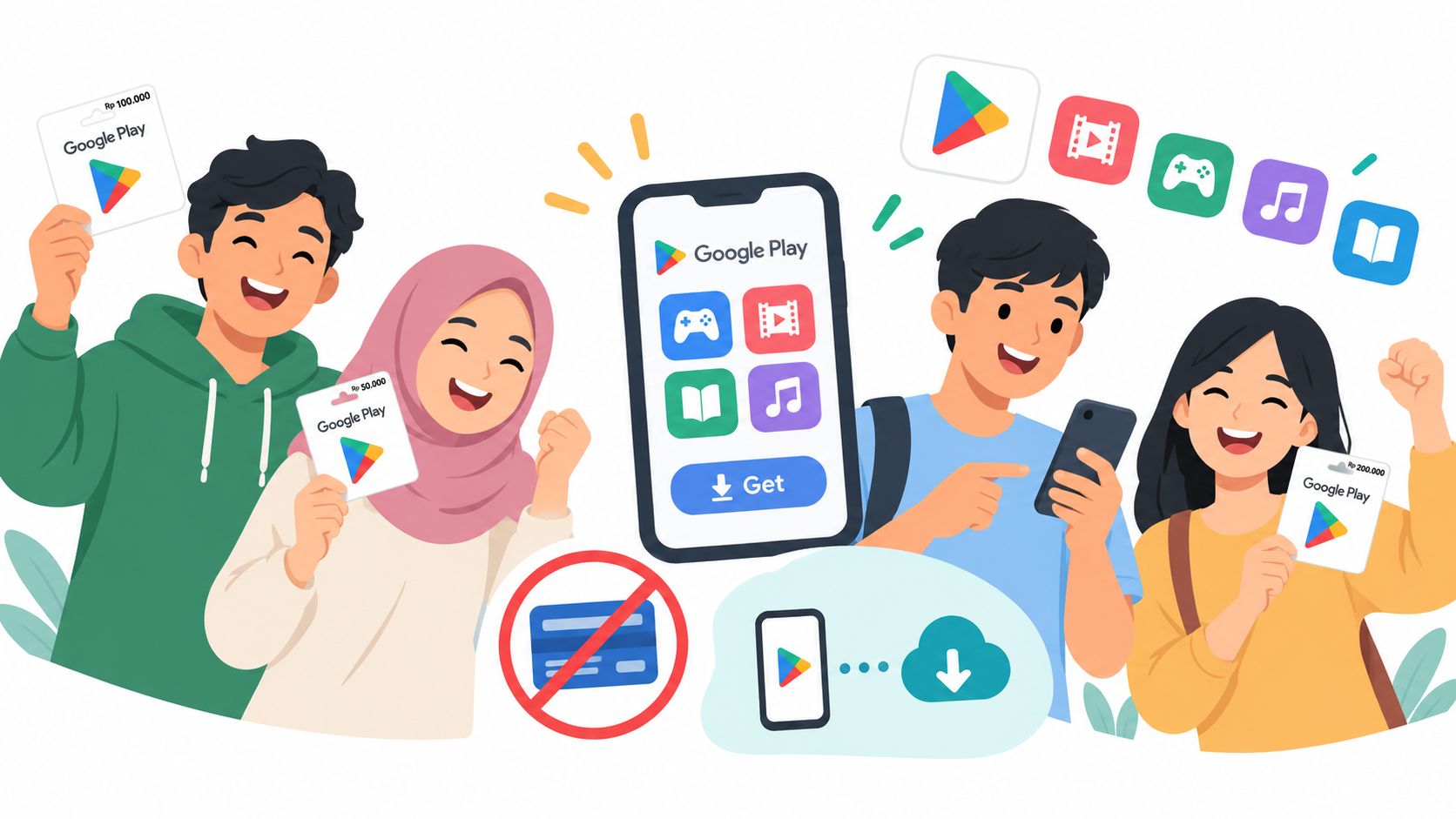 Sekelompok remaja bahagia menunjukkan kartu voucher Google Play sebagai metode pembayaran aplikasi yang praktis dan mudah digunakan.