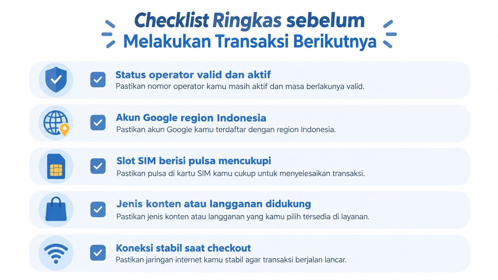 Daftar periksa langkah-langkah penting untuk memastikan transaksi pembayaran Google Play menggunakan pulsa berjalan lancar dan berhasil.