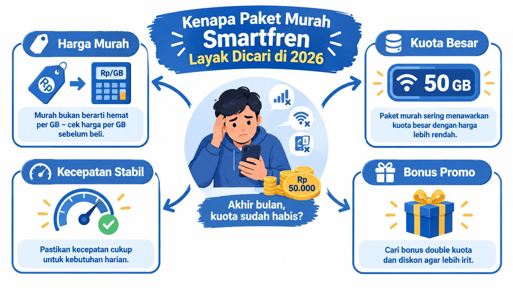 Infografis tips memilih paket data murah Smartfren yang efisien, stabil, dan memberikan banyak keuntungan bagi pengguna di tahun 2026.