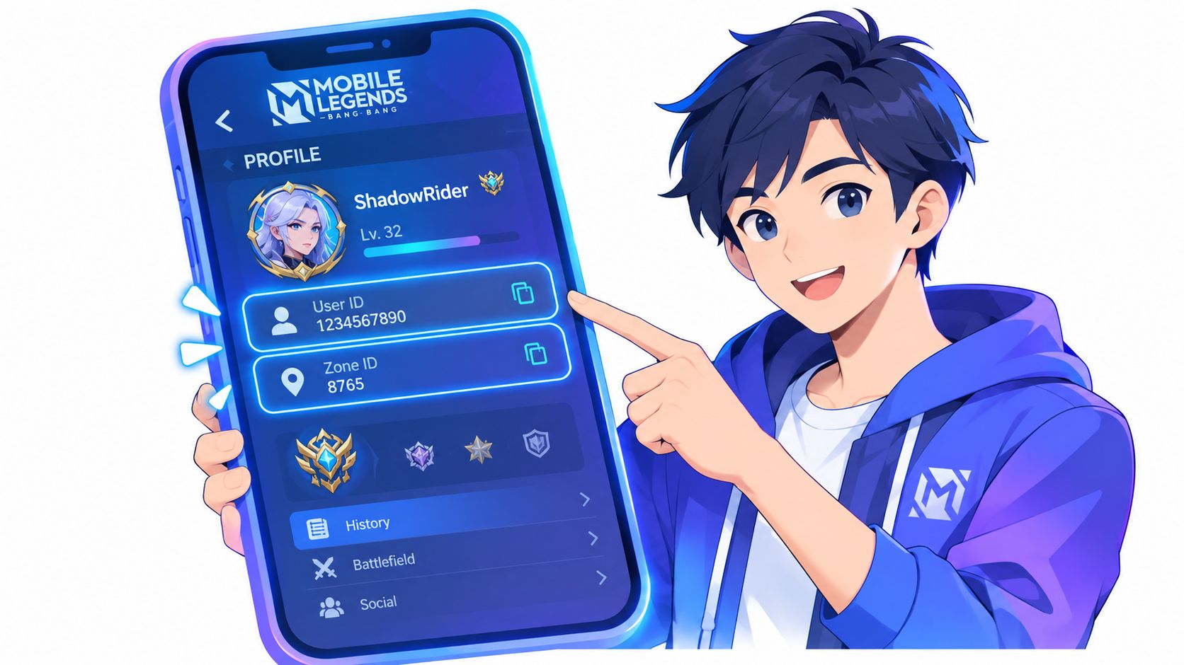 Seorang pemuda kartun menunjukkan profil game Mobile Legends dengan User ID dan Zone ID di ponsel pintar.