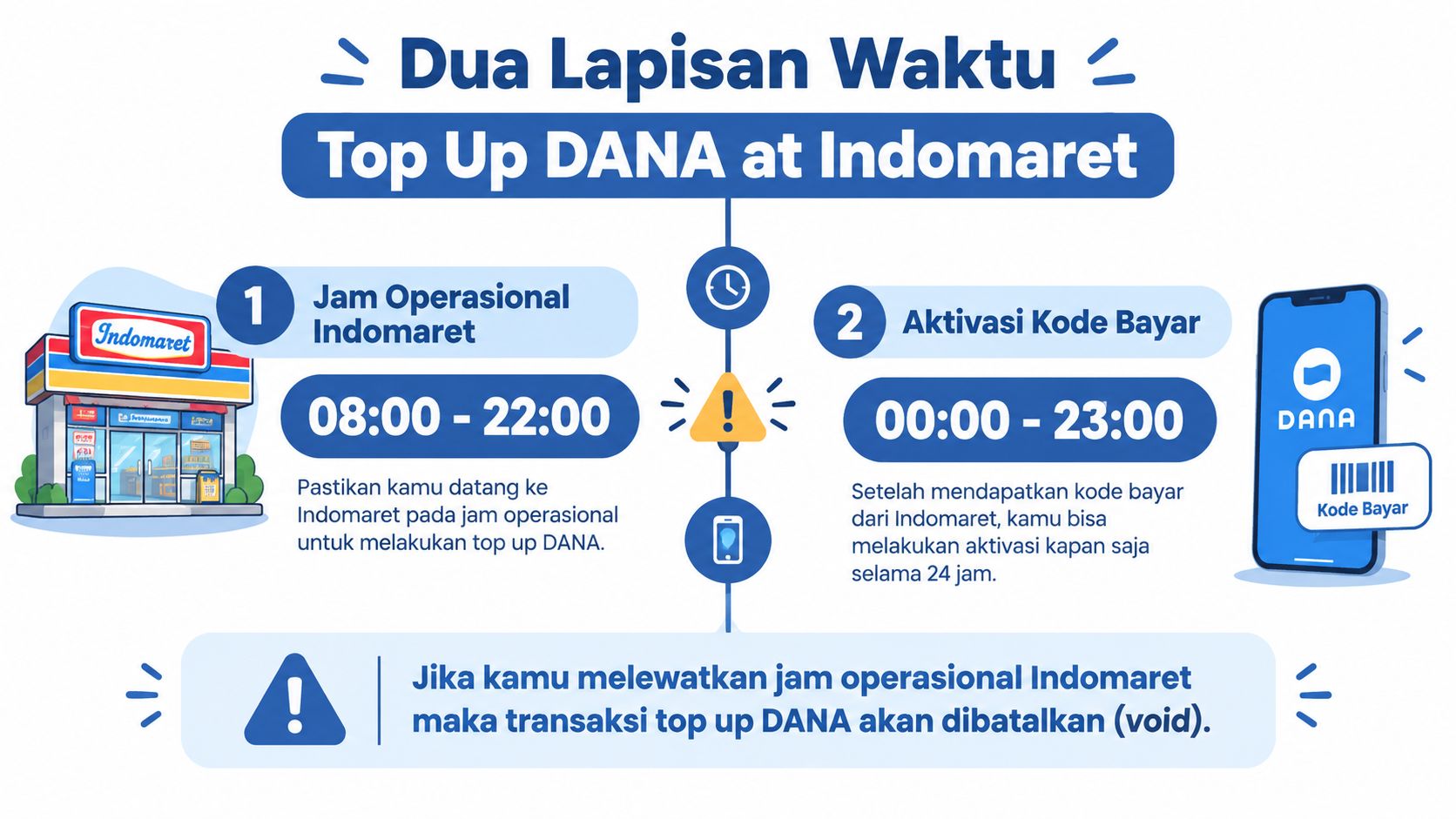 Infografis dua lapisan waktu untuk melakukan pengisian saldo atau top up DANA melalui gerai Indomaret terdekat.