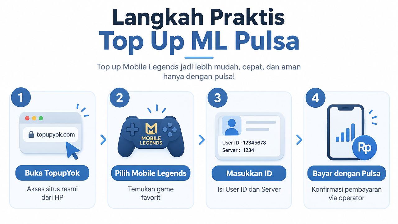 Infografis empat langkah praktis melakukan top up game Mobile Legends menggunakan pulsa telepon melalui situs TopupYok.