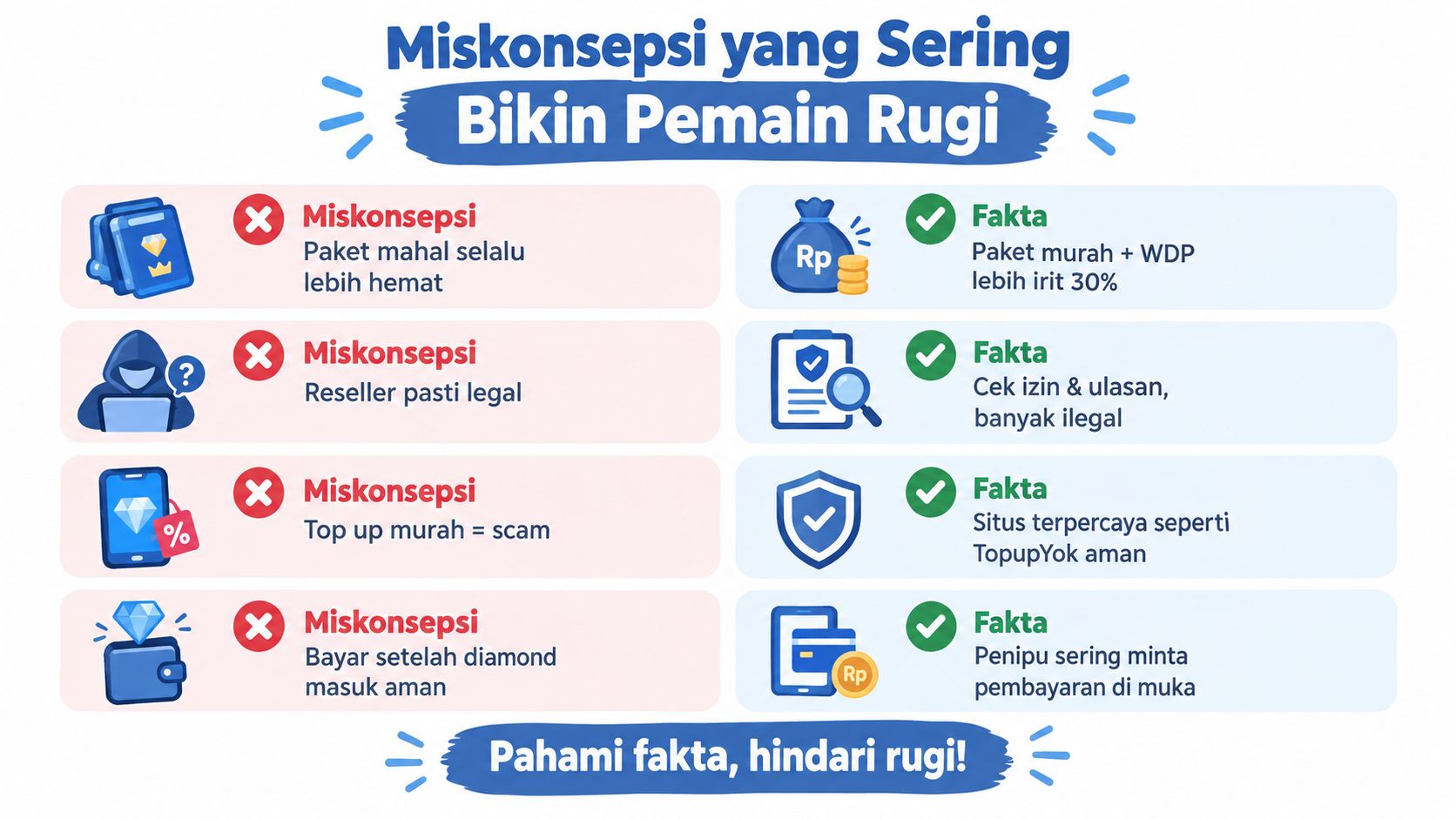 Infografis tentang miskonsepsi dalam pembelian top up game untuk membantu pemain agar terhindar dari kerugian.