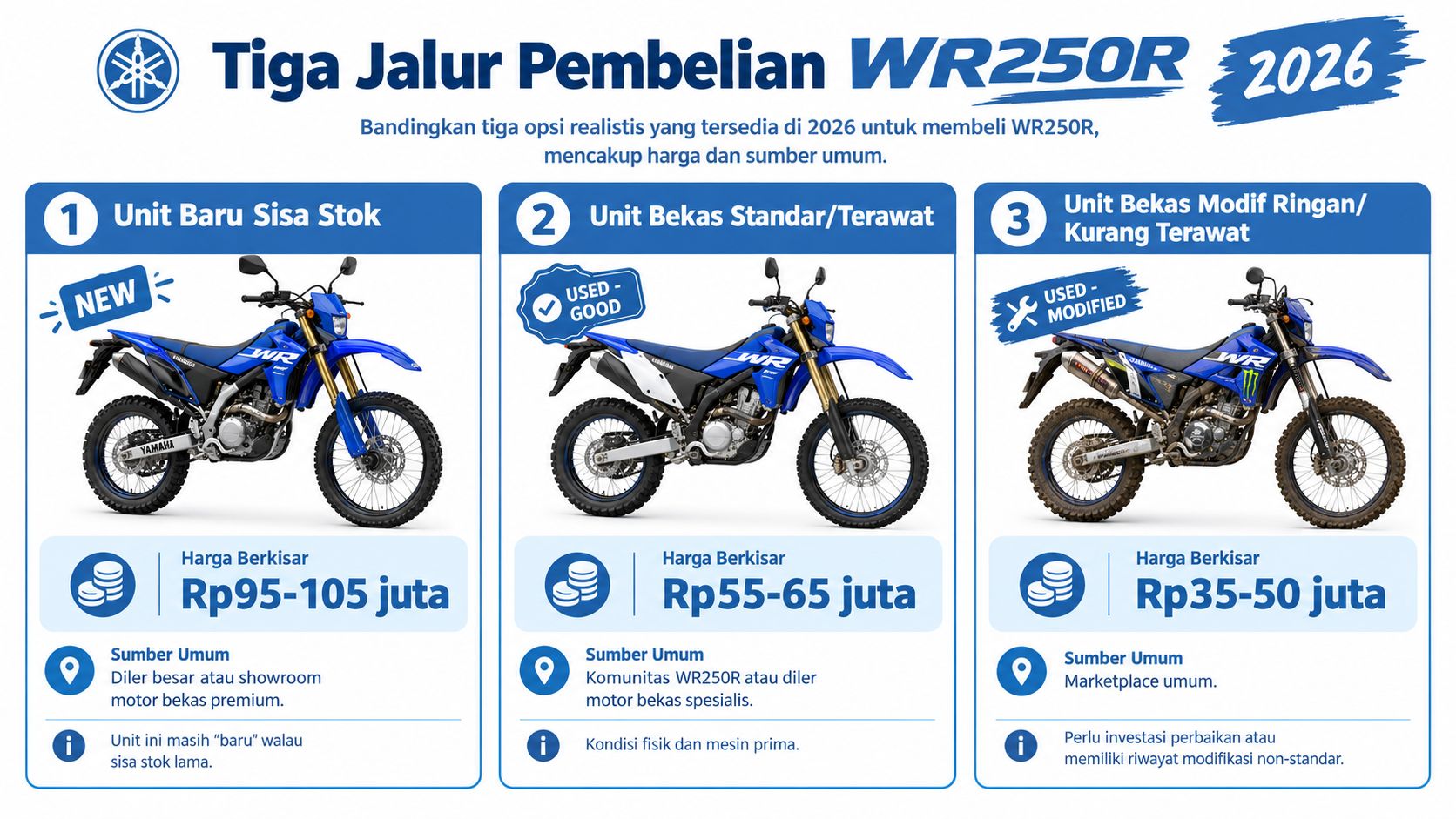 Infografis perbandingan tiga opsi pembelian motor Yamaha WR250R pada tahun 2026 berdasarkan kondisi dan kisaran harganya.