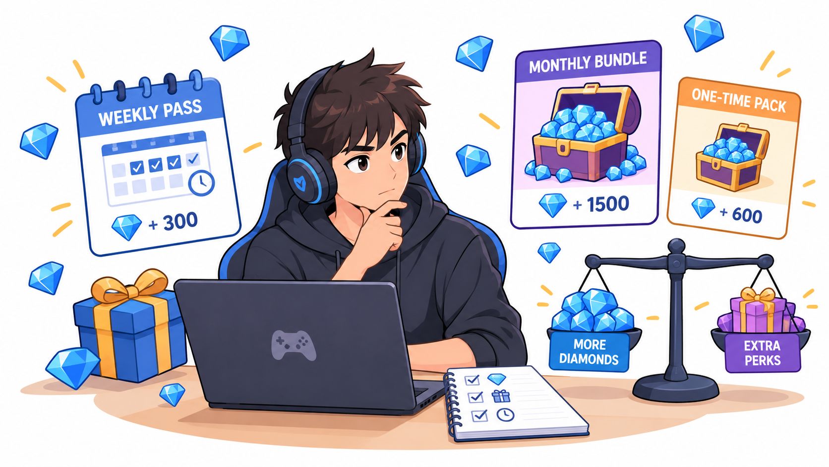 Seorang gamer pria sedang berpikir memilih berbagai pilihan top up diamond game untuk meningkatkan permainannya di komputer.