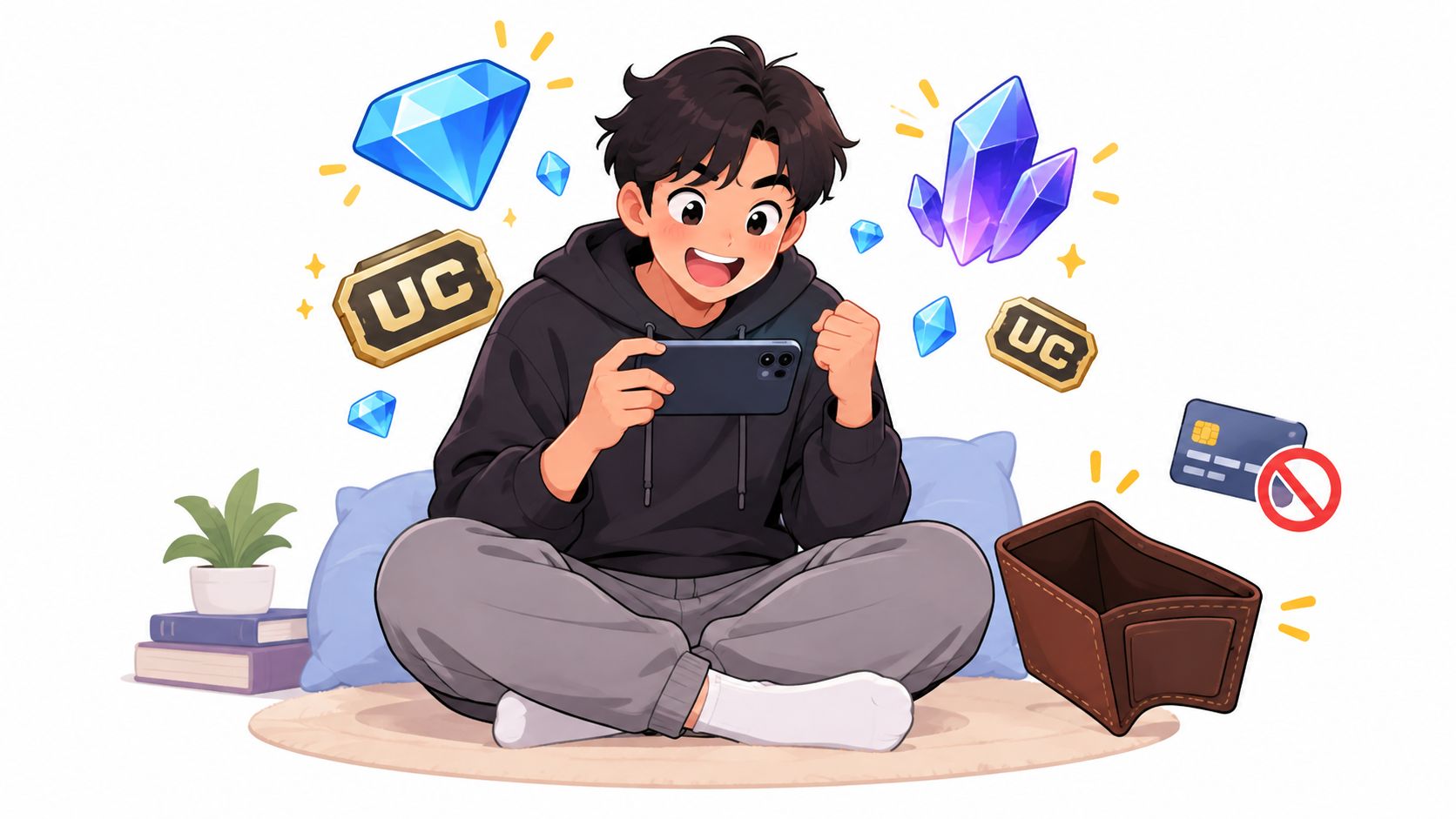 Seorang pria muda ceria bermain game di ponsel dikelilingi ikon mata uang virtual dan dompet kosong.