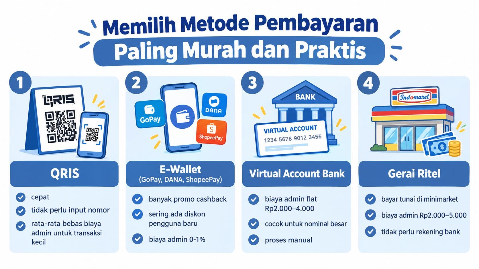 Infografis empat metode pembayaran paling murah dan praktis termasuk QRIS, e-wallet, virtual account, dan gerai ritel.