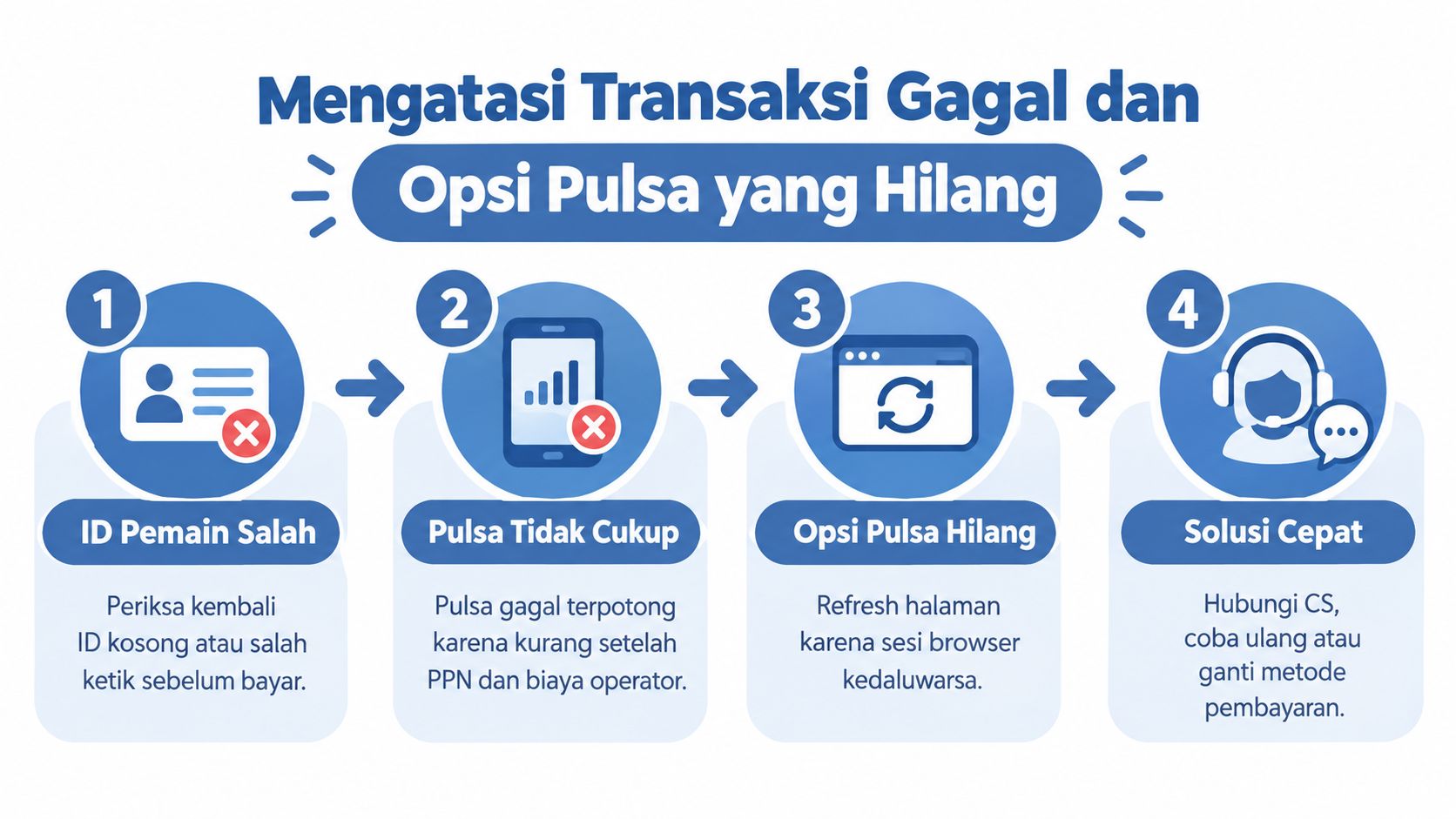 Infografis empat langkah cara mengatasi transaksi pulsa gagal dan opsi pulsa yang hilang saat top up.