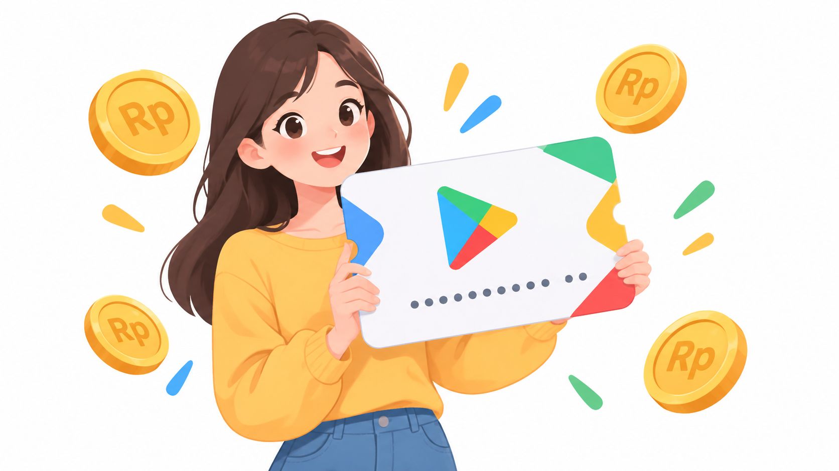 Seorang gadis anime ceria memegang kartu hadiah Google Play dengan latar belakang koin Rupiah yang melayang-layang.