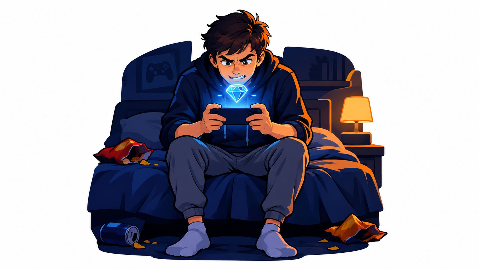 Seorang pemain game pria yang fokus menatap layar ponsel dengan ikon berlian bercahaya saat bermain di tempat tidur.