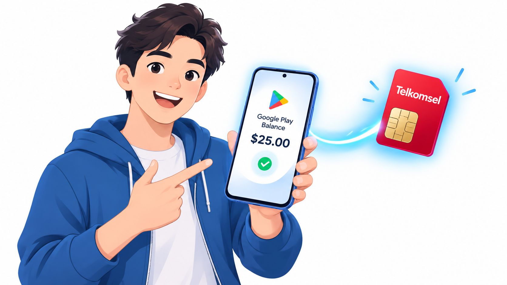 Seorang pemuda tersenyum menunjukkan saldo Google Play di ponsel yang dihubungkan dengan kartu SIM Telkomsel untuk pengisian.