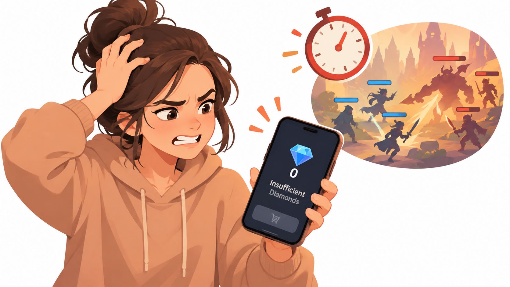 Seorang wanita merasa frustrasi karena kehabisan berlian dalam game mobile yang sedang dimainkan di ponsel pintarnya.