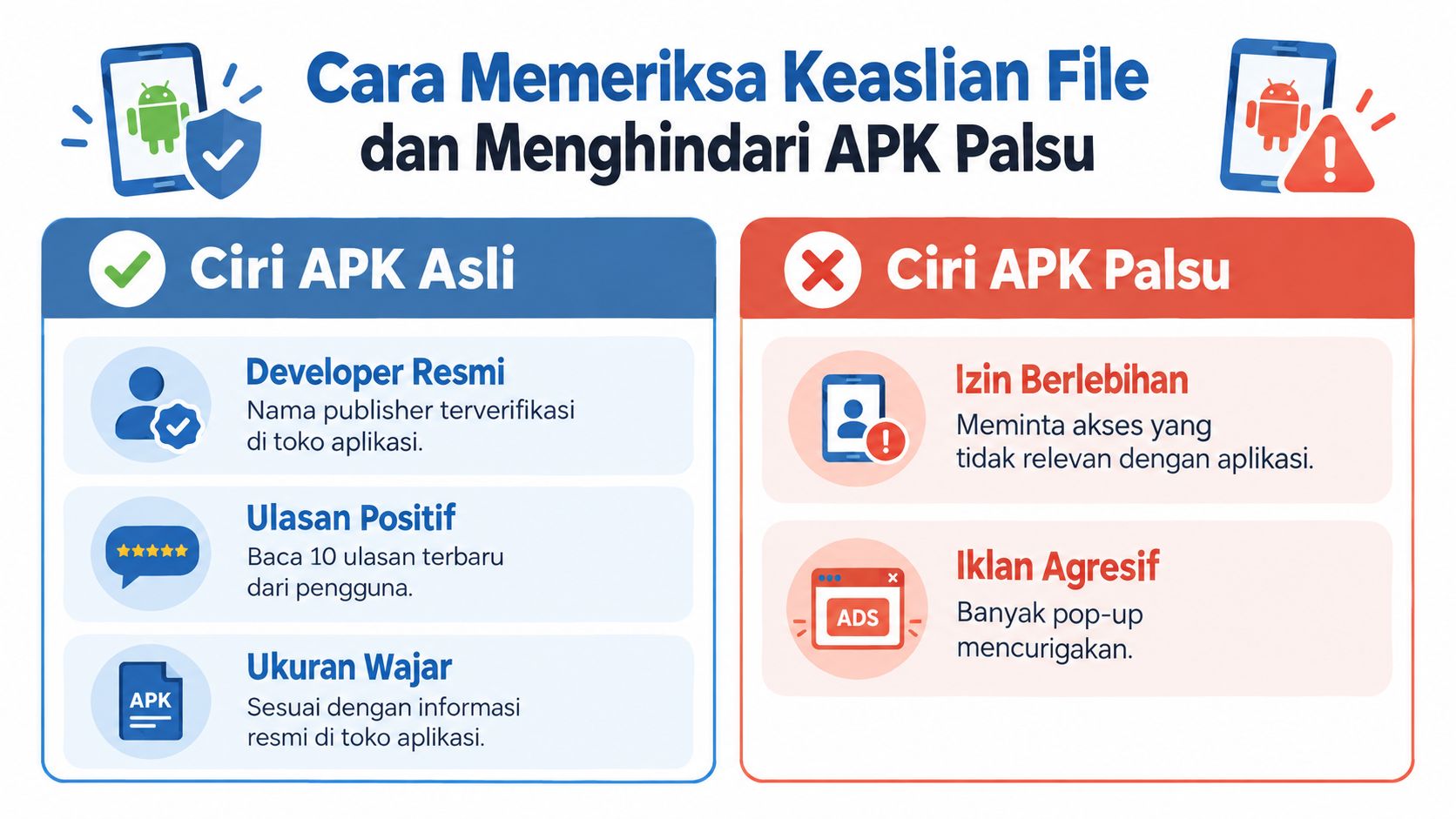 Infografis cara memeriksa keaslian file APK dan panduan untuk menghindari aplikasi palsu di perangkat Android anda.
