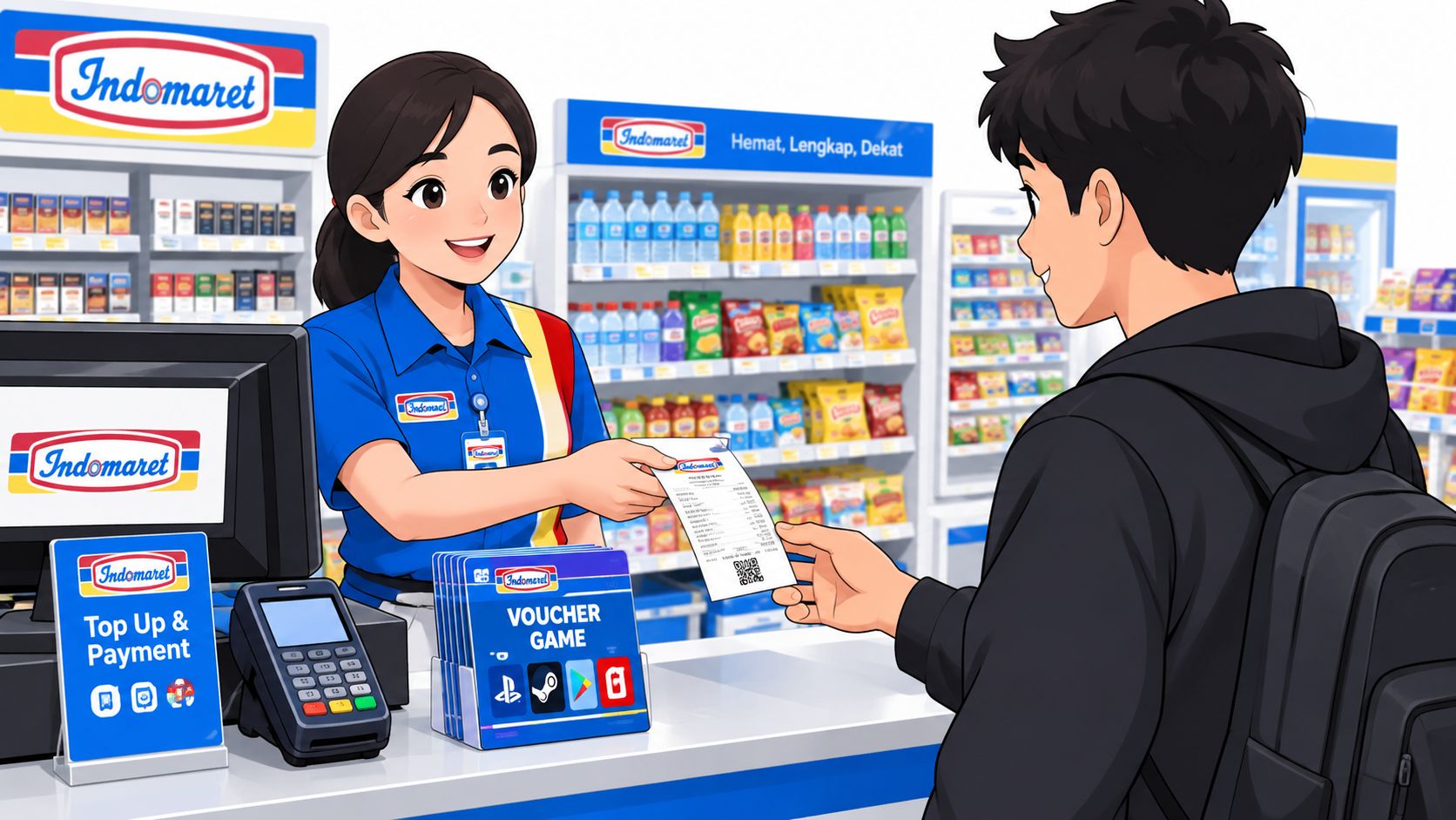 Seorang kasir wanita Indomaret memberikan struk belanja kepada pelanggan pria di meja kasir toko yang modern.
