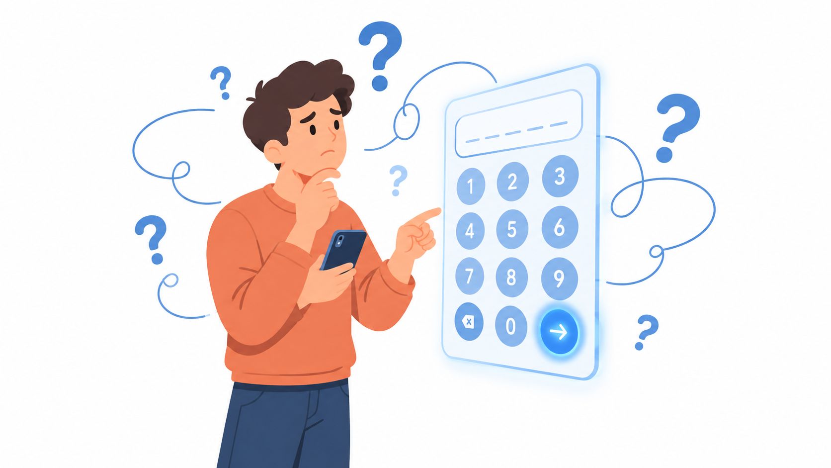 Seorang pria bingung memegang ponsel sambil melihat layar keypad angka virtual untuk memasukkan kode voucher.