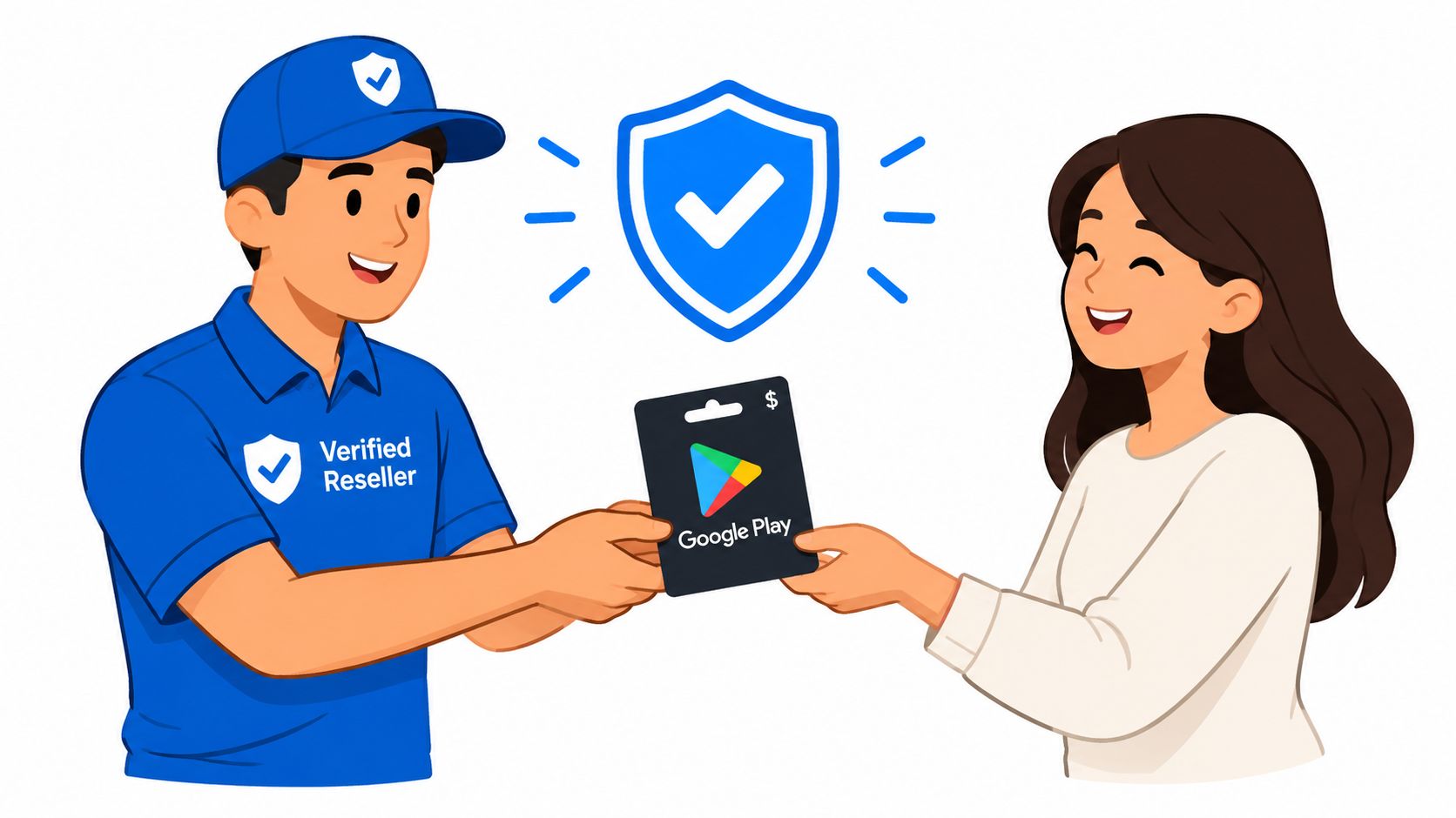 Seorang kurir memberikan kartu voucher Google Play kepada wanita dengan aman dan terpercaya oleh penjual resmi.