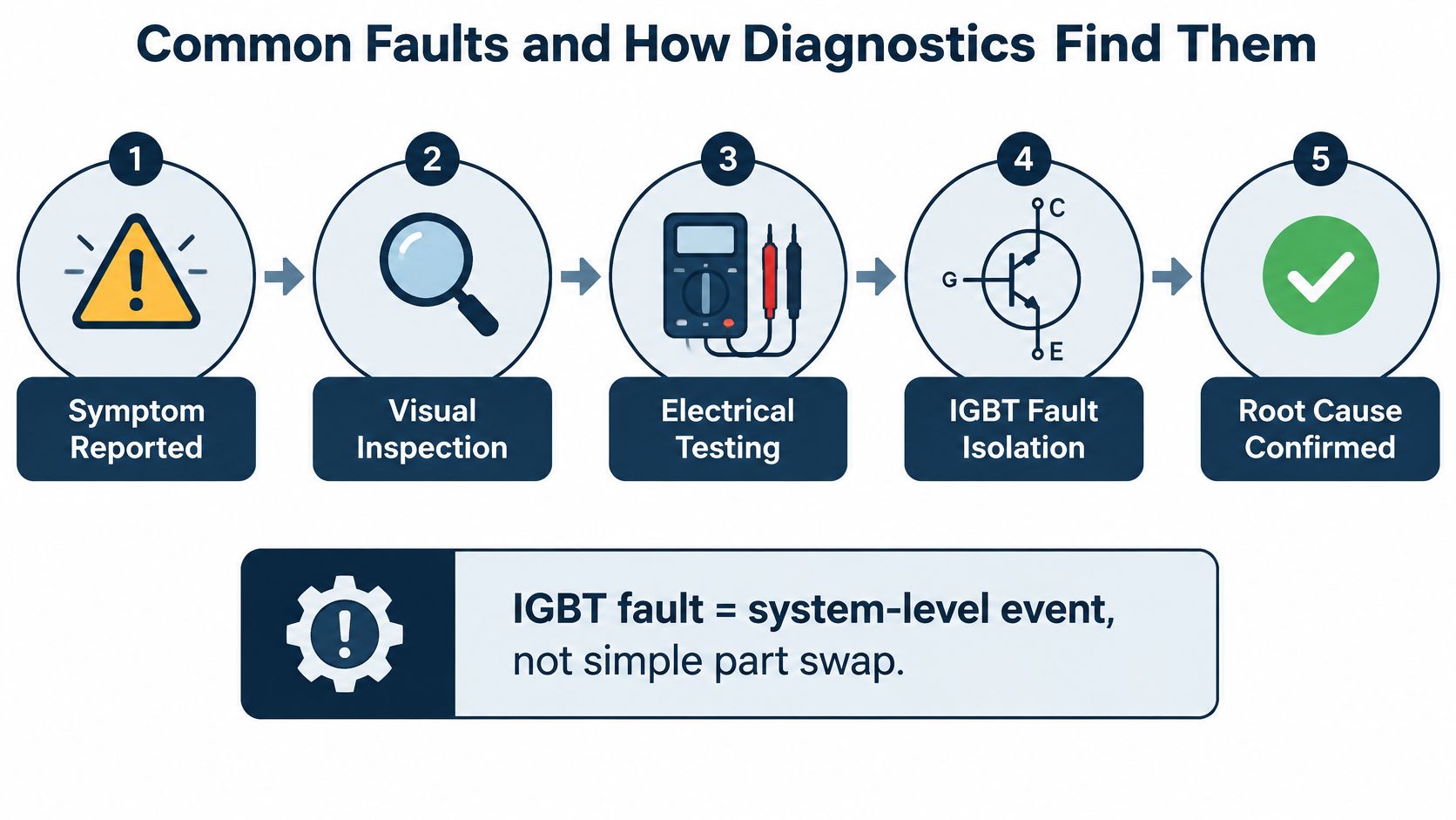 A flowchart showing five steps for diagnosing faults, highlighting visual inspection and electrical testing of IGBT components.