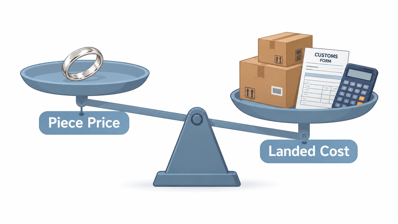 A conceptual scale illustrating the comparison between a single ring's piece price and the total landed cost.