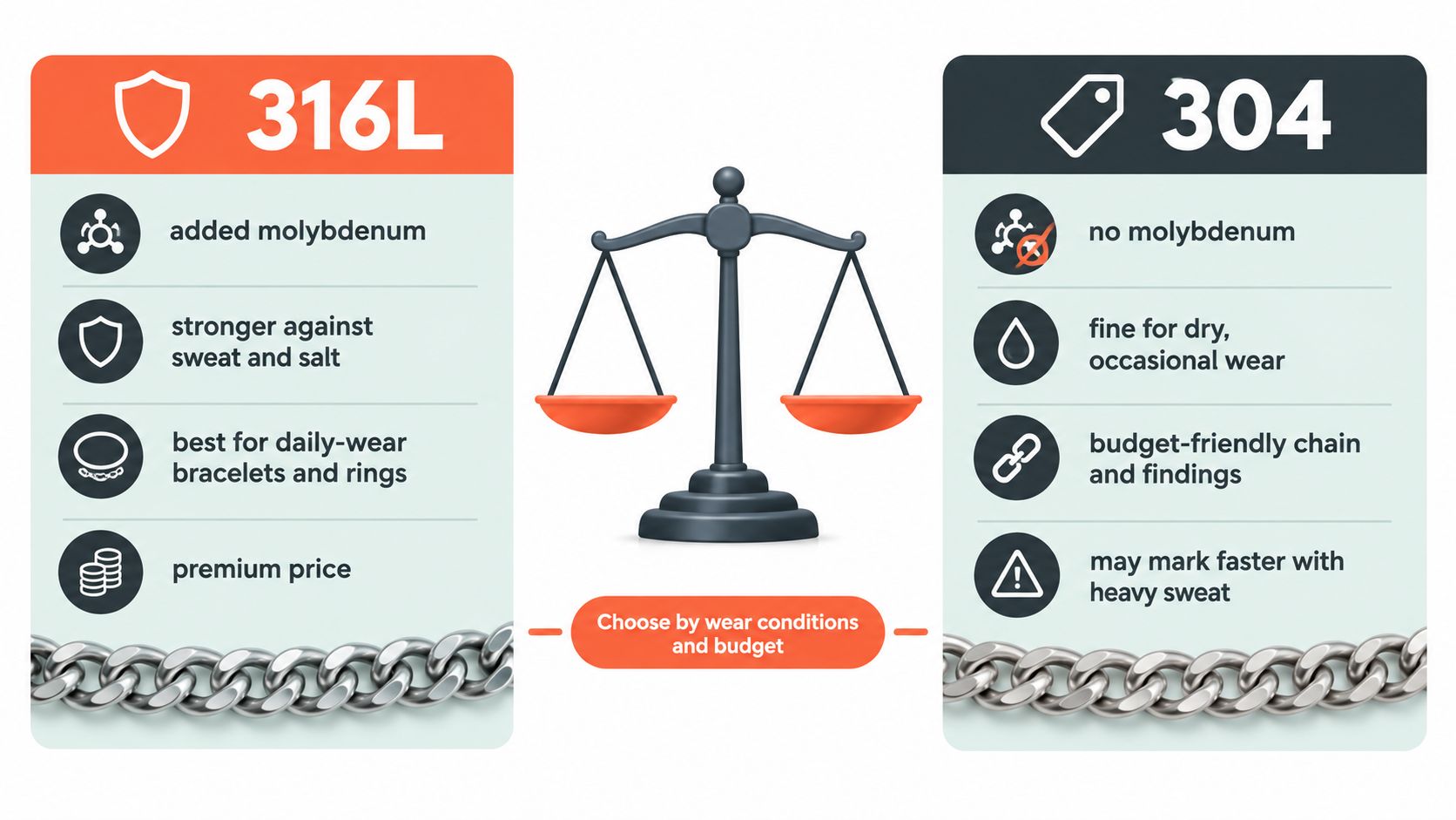 A comparison chart showing the differences between 316L and 304 stainless steel for jewelry making.