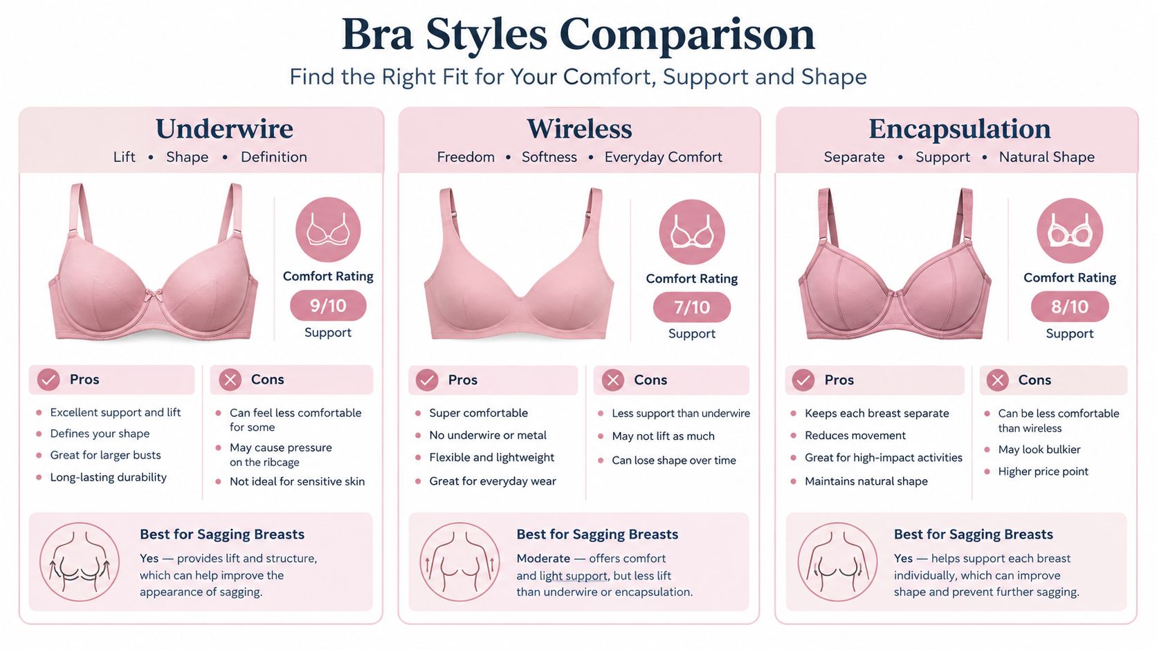 A comparison chart of bra styles including underwire, wireless, and encapsulation for sagging breasts support.