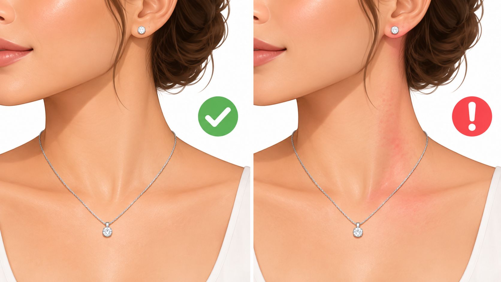 Comparison of a woman wearing quality sterling silver versus cheap jewelry causing a skin rash reaction.