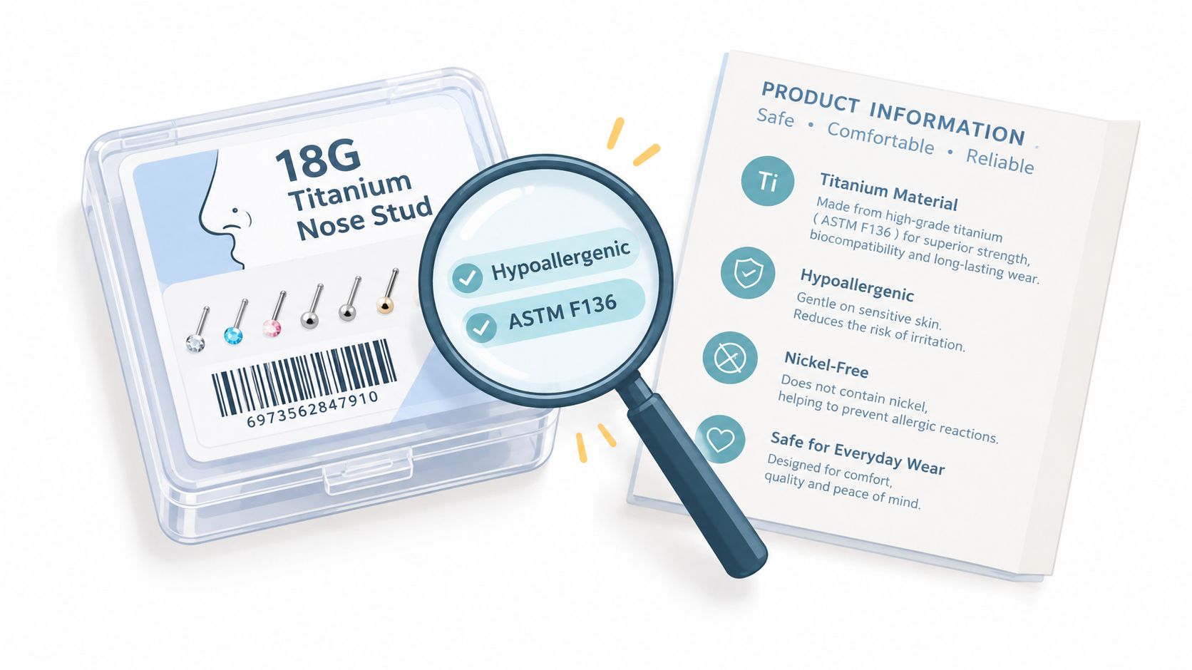 A clear plastic box containing 18G titanium nose studs next to an informational card highlighting product benefits.