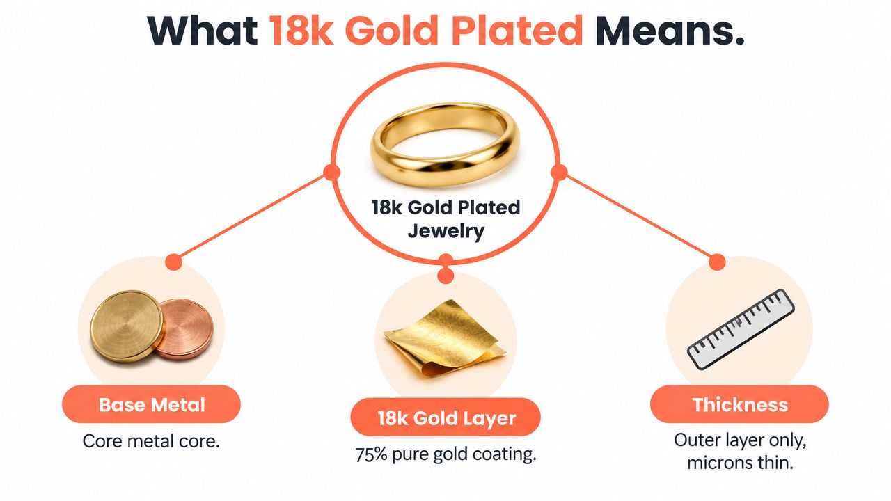An infographic explaining that 18k gold plated jewelry consists of a core base metal and thin gold coating.