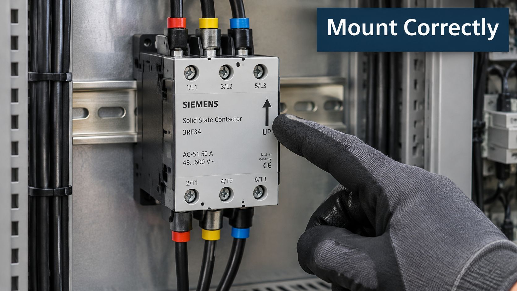 A person wearing a protective glove points toward the upward arrow symbol on a Siemens solid state contactor.