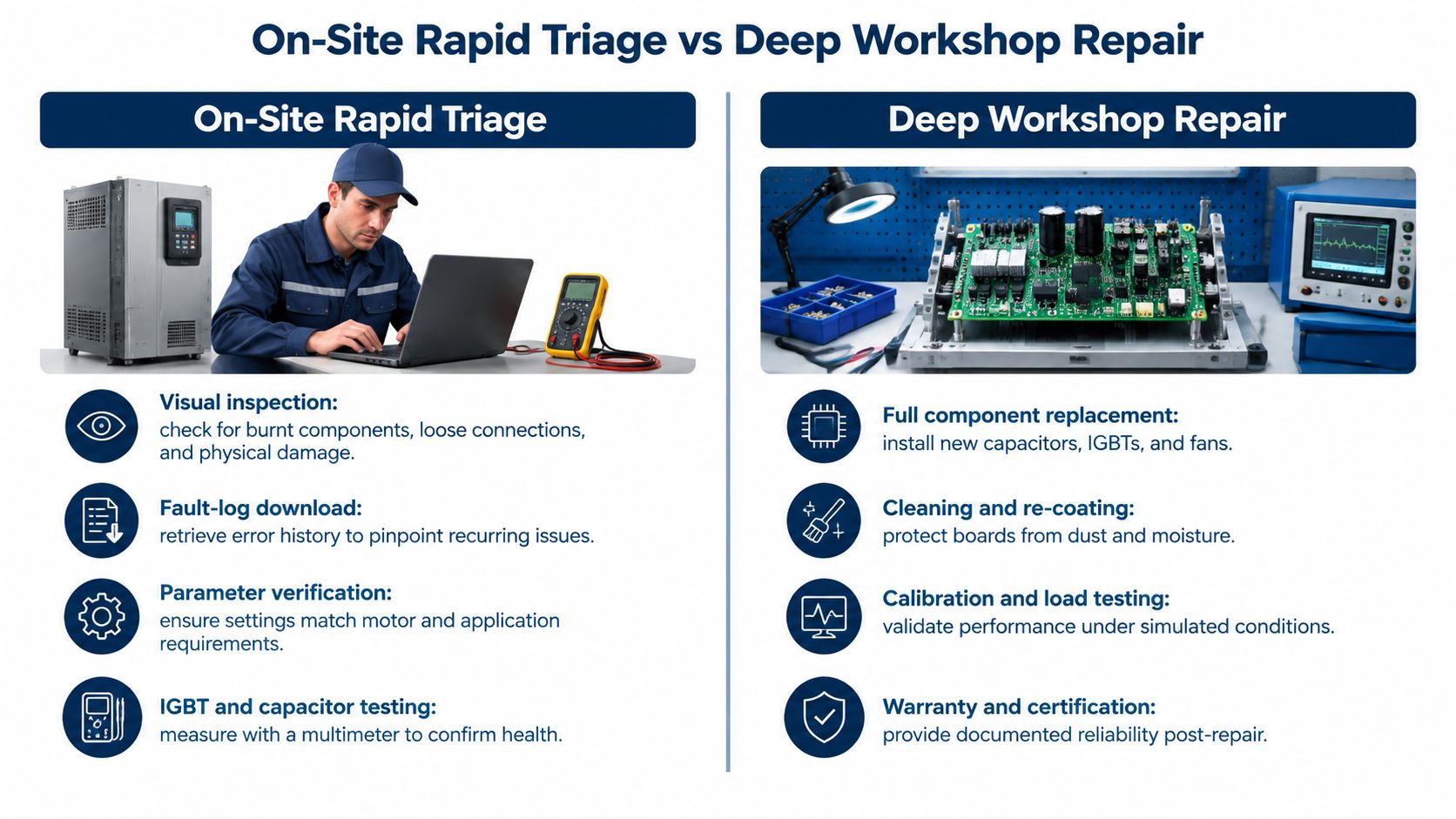 A comparison infographic between on-site rapid triage and deep workshop repair services for industrial AC drives.