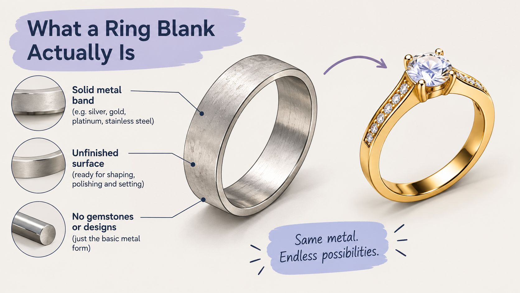 An infographic illustrating what a ring blank is, showing an unfinished metal band beside a finished diamond ring.