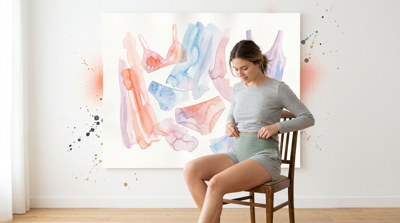 A smiling woman wearing gray loungewear and high waisted briefs sits on a wooden chair indoors.