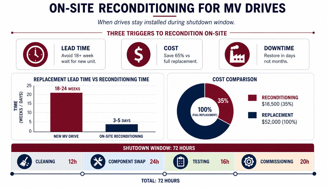 An infographic comparing on-site reconditioning versus full replacement of MV drives, highlighting time and cost savings.