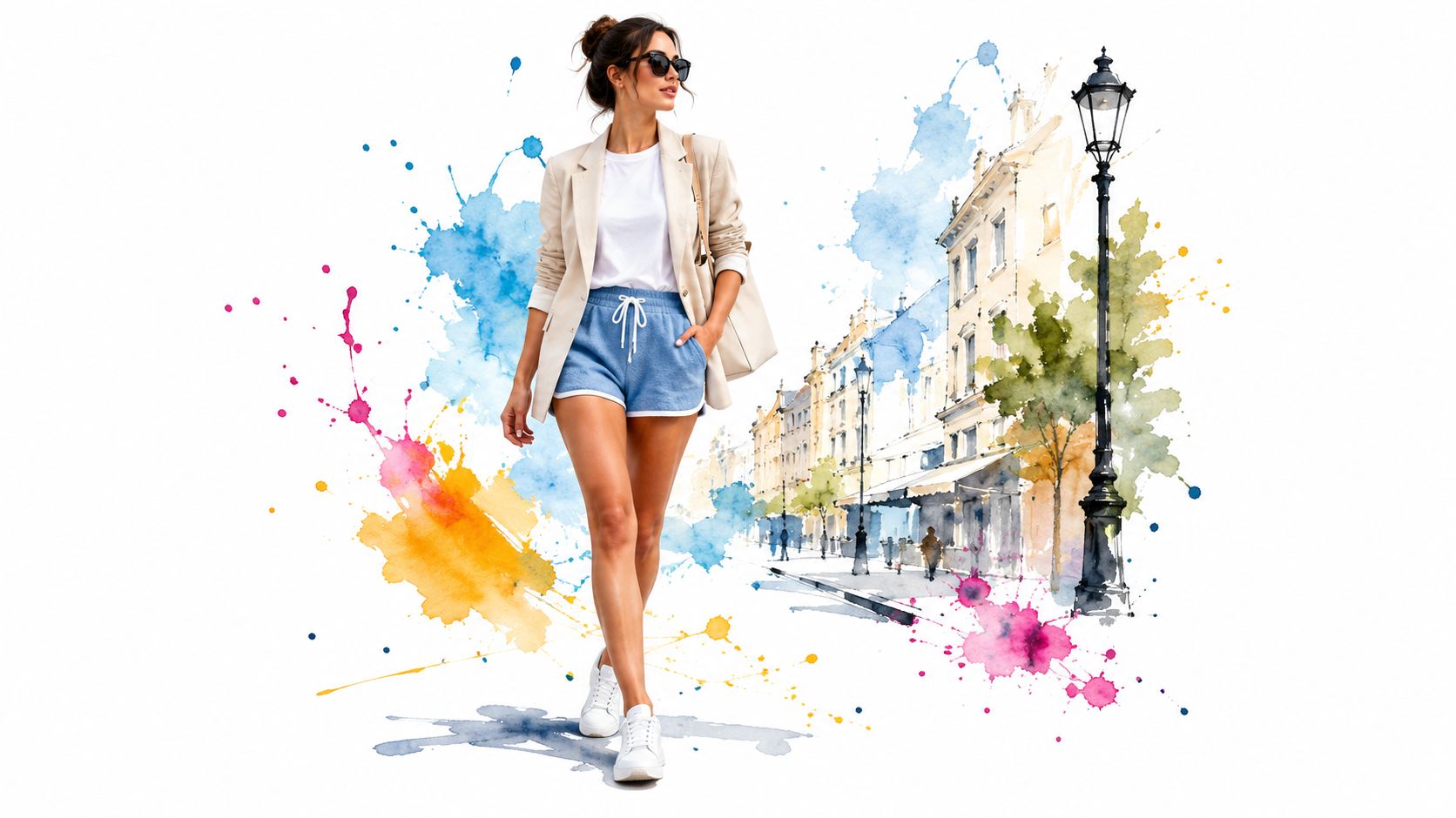 A stylish woman in a blazer and blue terry shorts walking down a watercolor urban street background.