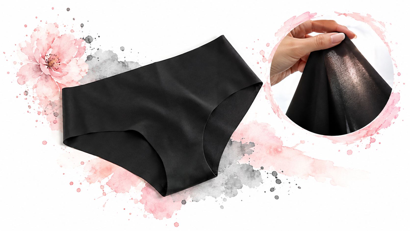 A black seamless panty displayed with a hand showing the soft stretchable fabric inside a pink circle