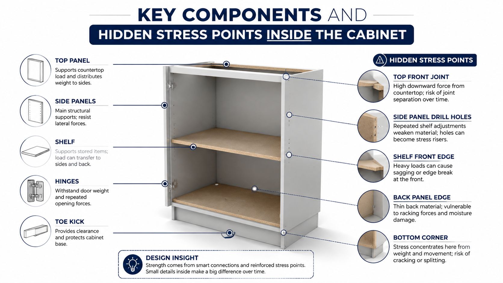A diagram illustrating key cabinet components and hidden stress points inside a kitchen cabinet structure.