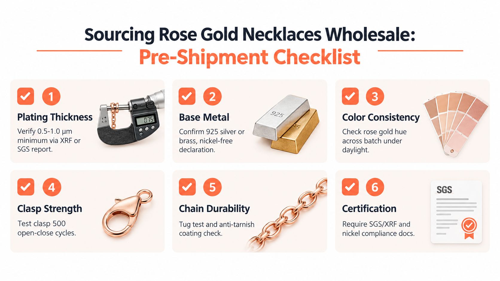 A six-point pre-shipment checklist for sourcing wholesale rose gold necklaces, highlighting quality control and certification requirements.