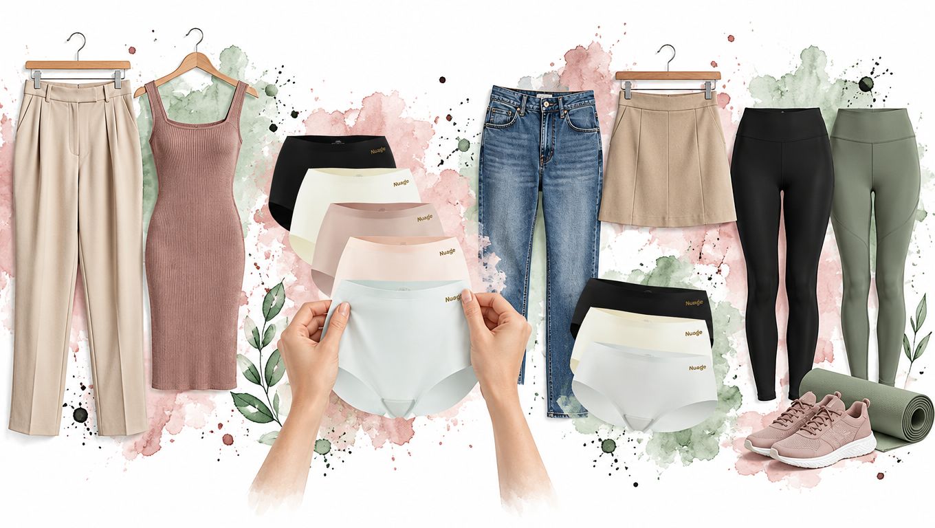 A diverse collection of women's clothing, including pants, dresses, and sets of various Nuage branded underwear.