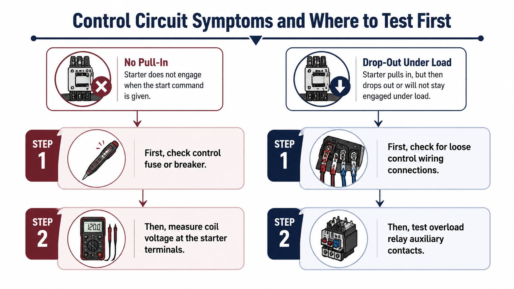 A diagnostic flowchart showing troubleshooting steps for motor starter control circuits including no pull-in and drop-out symptoms.