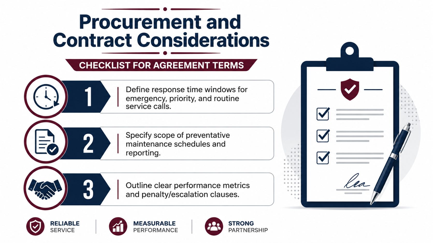 A procurement checklist for contract terms featuring maintenance response times, scope, and performance metrics for reliable service.
