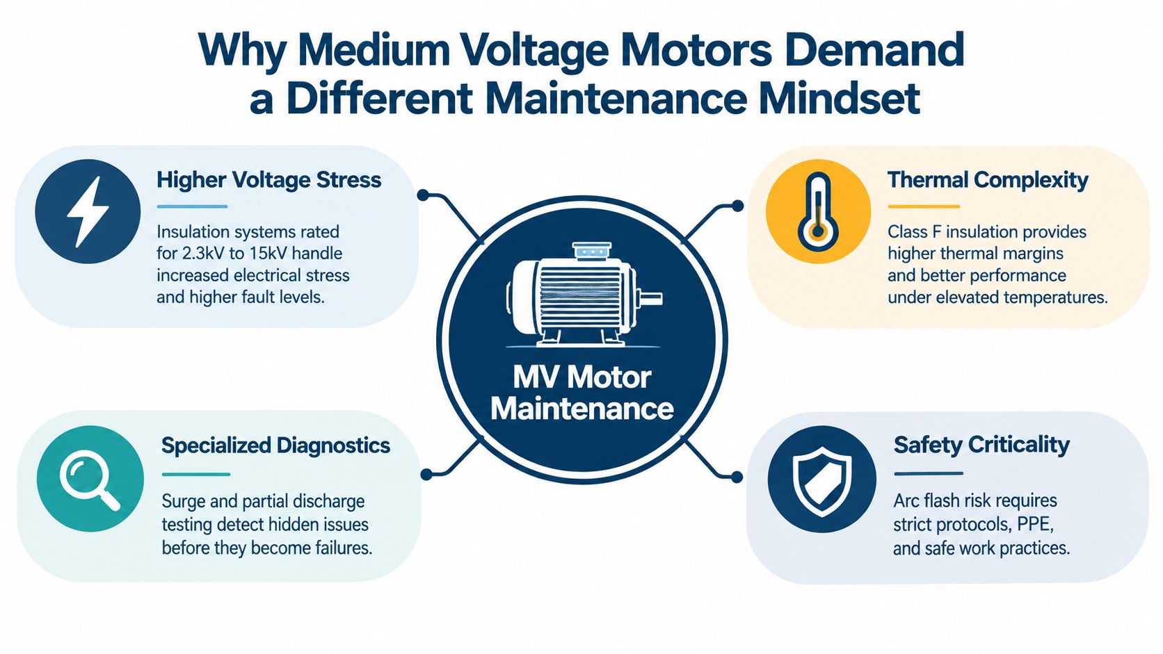 An infographic titled Why Medium Voltage Motors Demand a Different Maintenance Mindset, highlighting technical maintenance considerations.