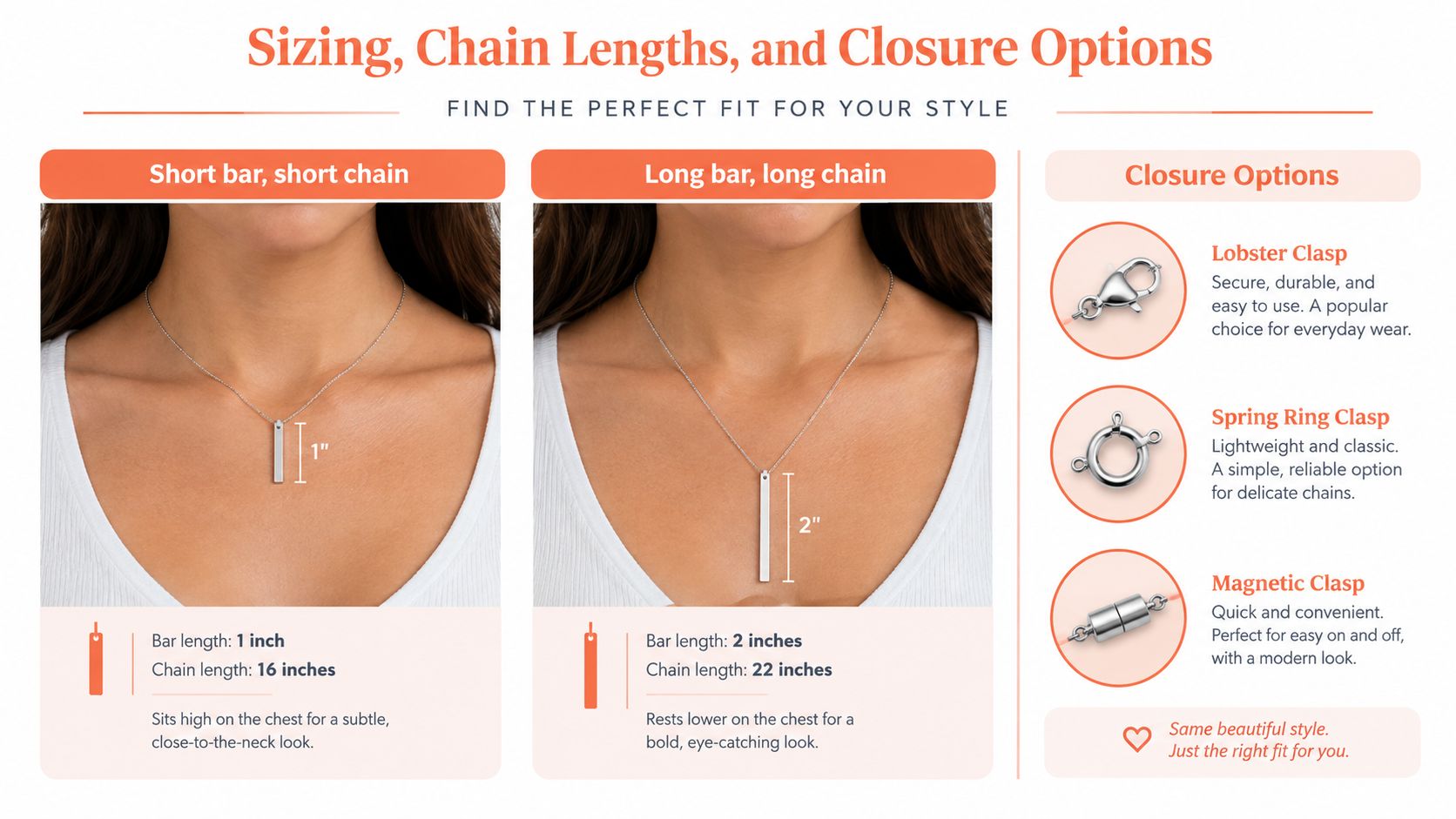 A sizing guide for bar pendant necklaces showing length options and different jewelry clasp types available.