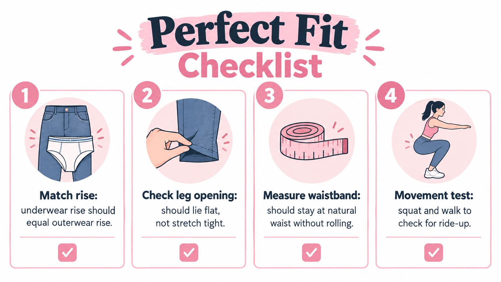 An infographic titled Perfect Fit Checklist showing four numbered steps to find comfortable underwear for daily wear.