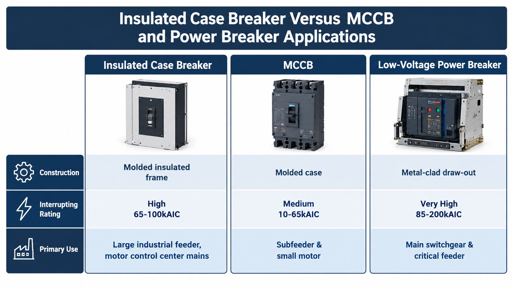 A comparison chart highlighting the construction, interrupting ratings, and primary use cases for insulated case breakers, MCCBs, and power breakers.