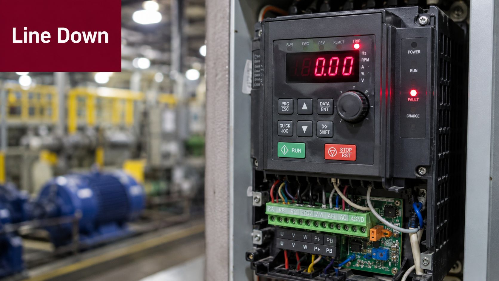 An industrial variable frequency drive displaying a fault error on its digital control panel in a factory.