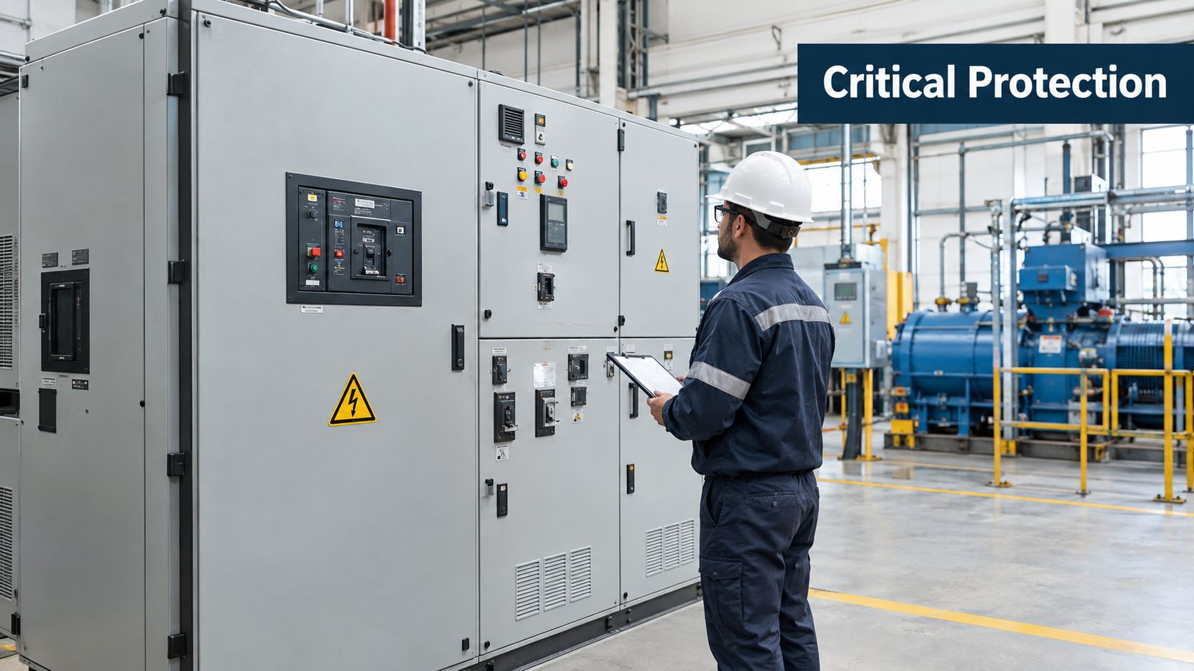 A technician wearing a hard hat examines a large electrical circuit breaker panel in an industrial facility.